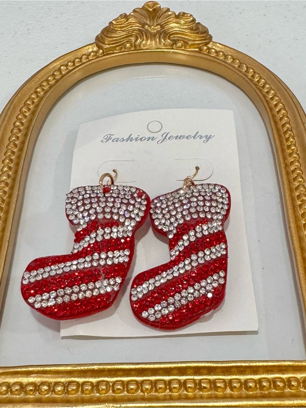 New Christmas Red and Clear Rhinestone Stocking Earrings 1.5 x 2.5